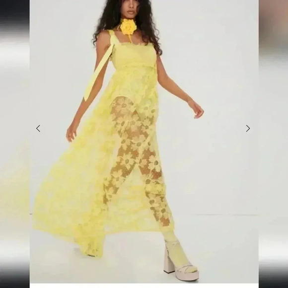 For Love And Lemons Dresses & Skirts - For Love and Lemons x Revolve Emma Dress Maxi Yellow Floral Sheer XL NWT